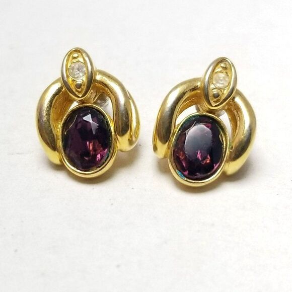 Vintage Dark Purple Rhinestone Gold Tone Stud Earrings, 90s Style, Estate - Picture 1 of 6